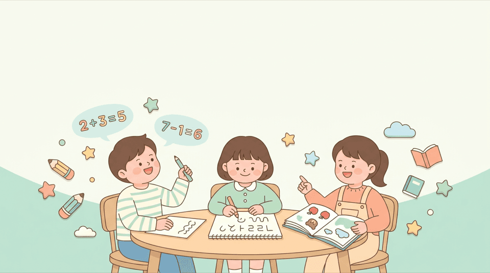 함께 공부하는 초등학생 아이들 일러스트